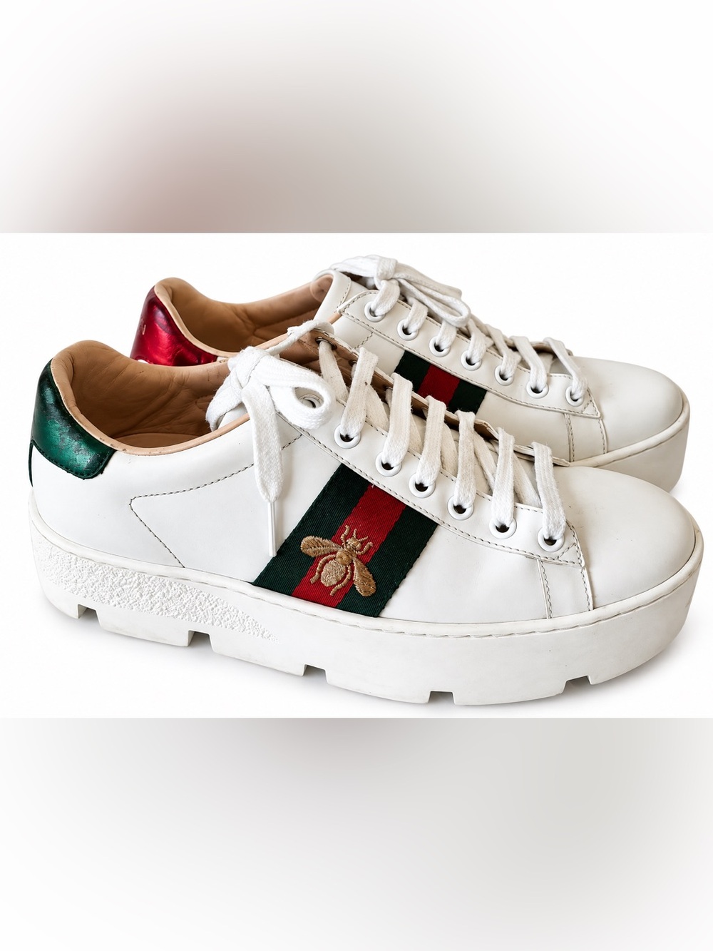 Gucci White Leather Platform Sneakers with Red & Green Stripe and Gold Bee